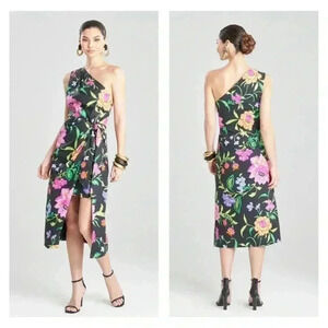 NATORI FLORAL PARTY COTTON POPLIN ASYMMETRICAL ONE SHOULDER DRAPE DRESS